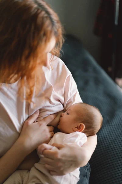 Newborn Baby Girl Sucking Milk Mothers Breast Portrait Mom Breastfeeding — Stock Fotó