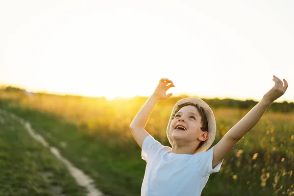 Portrait Smiling Little Boy White Shirt Raising His Hands Playing — Stock Photo, Image
