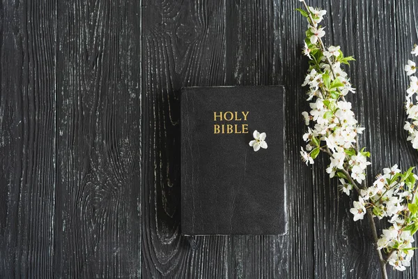 Bibeln Med Vårblommor Träbakgrund Begreppet Tro Andlighet Och Religion Fred — Stockfoto