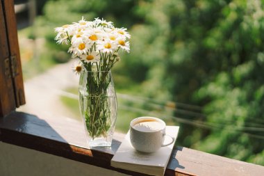 Kitap, fincan kahve ve beyaz papatya çayı. Romantik bir kavram. Klasik stil