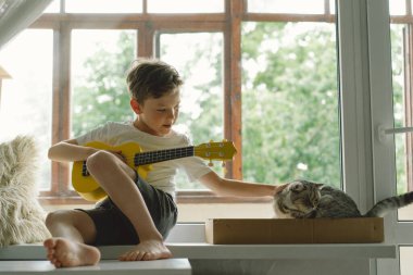 Tatlı çocuk pencerenin yanındaki pencere pervazında kedisiyle Ukulele gitar çalmayı öğreniyor. Rahat bir ev. Yaz tatili yaşam tarzı.