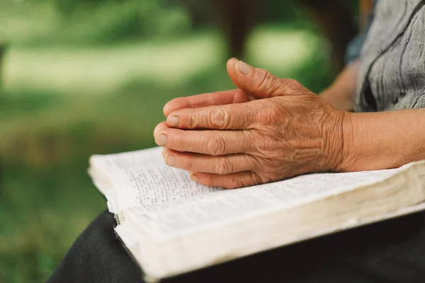 读书或老妇祈祷希望 帮助或支持基督教或神圣信仰 在户外灵修文学中学习或崇拜上帝的祷告者或长者 — 图库照片