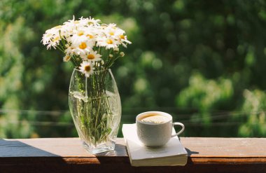 Kitap, fincan kahve ve beyaz papatya çayı. Romantik bir kavram. Klasik stil