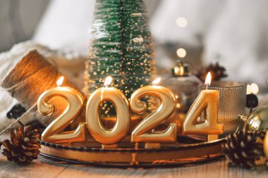 Mutlu yıllar 2024. Noel ağacı, koni ve Noel süslemeleri olan bir Noel arkaplanı. Noel bayramı kutlaması. Yeni yıl konsepti.