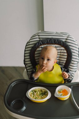 Sağlam beslenmiş küçük bir çocuk. Küçük kız parmak yemeği yiyor ve sebze tabağını karıştırıyor. Bebek sütten kesme BLW kendini besleme.