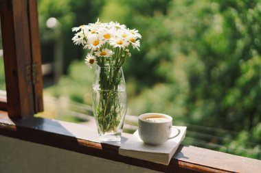 Kitap, fincan kahve ve beyaz papatya çayı. Romantik bir kavram. Klasik stil