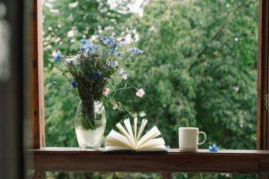 Pencere kenarında güzel bir yaz, sakin bir hayat. Bir buket çiçek ve rahat bir evin pencere eşiğinde bir kitap..