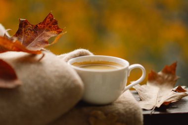 Güzel evim. Evdeki ahşap penceredeki hayat ayrıntıları. Sıcak kahve ve sonbahar dekoru. Sonbahar evi dekorasyonu. Samimi düşüş havası. Sıcak çay partisi. Tasarım şablonu