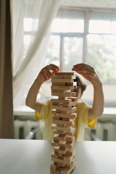 Father Son Play Block Tower Game Together Indoors Game Taking Royalty Free Stock Images