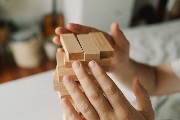 Father Son Play Block Tower Game Together Indoors Game Taking Royalty Free Stock Photos