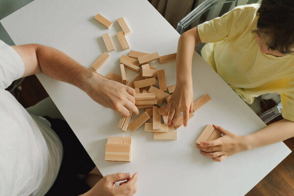 Father Son Play Block Tower Game Together Indoors Game Taking Royalty Free Stock Photos