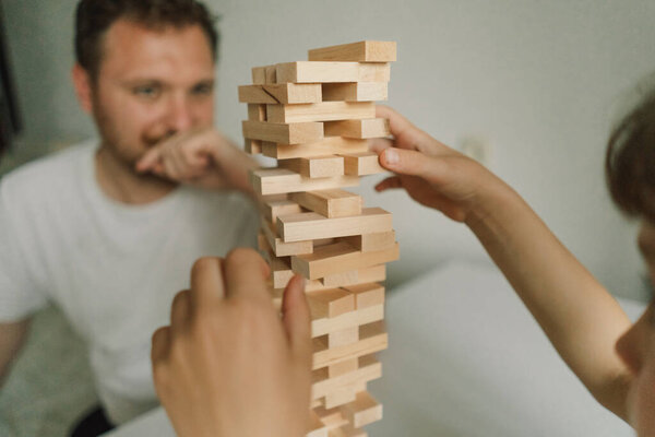 Father Son Play Block Tower Game Together Indoors Game Taking Royalty Free Stock Photos