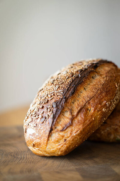 Two Loaves Sourdough Bread Freshly Baked Still Warm Stacked Wooden Stock Picture
