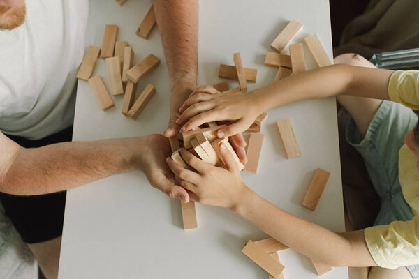 Father Son Play Block Tower Game Together Indoors Game Taking Stock Photo