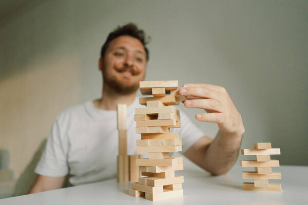 Father Son Play Block Tower Game Together Indoors Game Taking Royalty Free Stock Photos