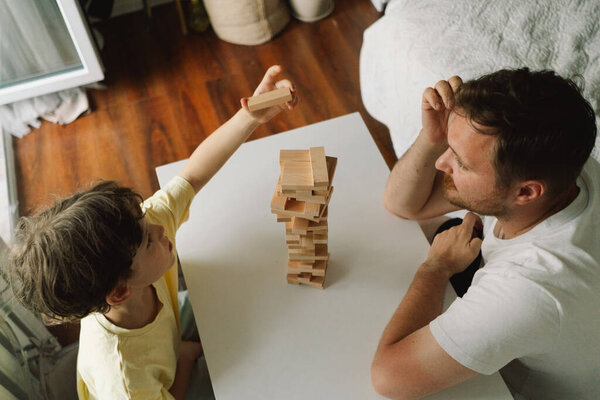 Father Son Play Block Tower Game Together Indoors Game Taking Stock Image