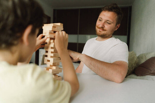 Father Son Play Block Tower Game Together Indoors Game Taking Stock Photo