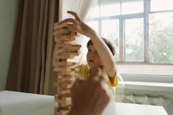 Father Son Play Block Tower Game Together Indoors Game Taking Royalty Free Stock Images