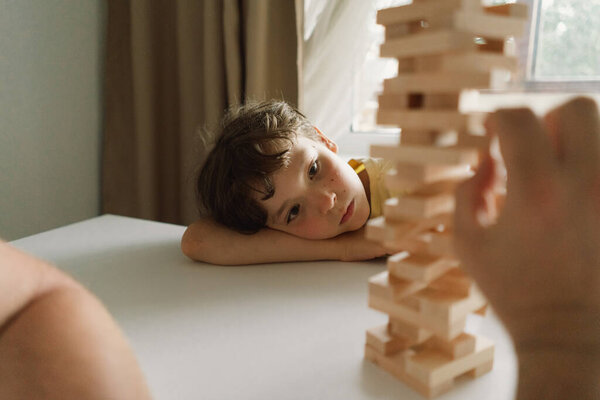 Father Son Play Block Tower Game Together Indoors Game Taking Stock Image