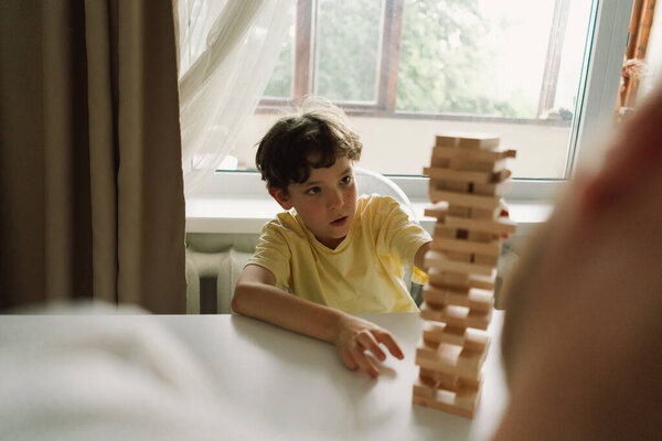 Father Son Play Block Tower Game Together Indoors Game Taking Royalty Free Stock Images