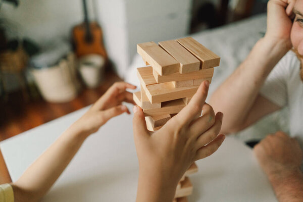 Father Son Play Block Tower Game Together Indoors Game Taking Stock Picture