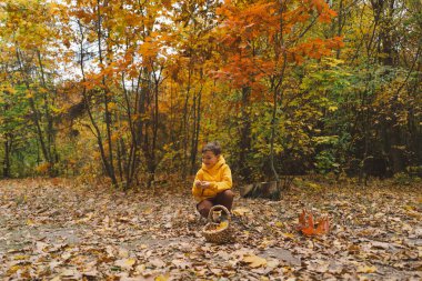 Parlak sarı yağmurluk giymiş neşeli bir çocuk canlı sonbahar yapraklarıyla kaplı sakin bir orman yolunda yürüyor. Sonbahar havası. Güzel sonbahar