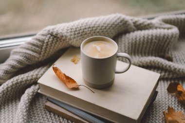 Sıcak bir fincan kahve, yumuşak battaniyeler ve sonbahar yapraklarıyla çevrili bir kitap yığınının üzerinde duruyor. Pencere kenarında sakin bir atmosfer yaratıyor..