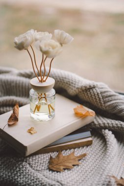 Ev için tütsü çubuklarıyla sıcak bir ortam. Çiçek kokusuyla çevrili rahat bir battaniye ve dağınık yapraklarla. Rahat bir iç mekanda huzurlu bir atmosfer yaratıyor..
