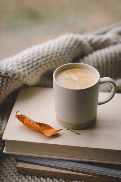 A warm cup of coffee rests on a stack of books, surrounded by soft blankets and autumn leaves, creating a tranquil atmosphere by the window.