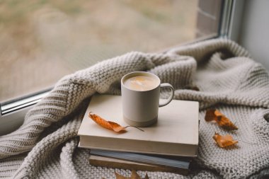 Sıcak bir fincan kahve, yumuşak battaniyeler ve sonbahar yapraklarıyla çevrili bir kitap yığınının üzerinde duruyor. Pencere kenarında sakin bir atmosfer yaratıyor..