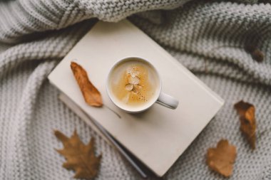 Sıcak bir fincan kahve, yumuşak battaniyeler ve sonbahar yapraklarıyla çevrili bir kitap yığınının üzerinde duruyor. Pencere kenarında sakin bir atmosfer yaratıyor..