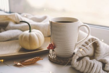 Yumuşak örgü battaniyeler ve yakındaki sıcak güneş ışığıyla aydınlatılmış ikramlarla örülmüş küçük bir balkabağının yanında dokumalı bir bardak çay duruyor. Samimi sonbahar konsepti.