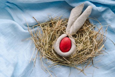 Canlı Paskalya yumurtaları samandan yapılmış rahat bir yuvaya yerleştirilir, neşeli çiçekler yumuşak mavi bir arkaplana karşı tezat oluşturur. Bu sahne bahar ve Paskalya 'nın şenlikli ruhunu yansıtıyor.