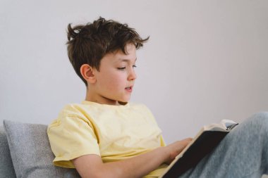 Kanepede kitap okuyan sevimli çocuk. Ev Okulu ve Eğitim Konsepti
