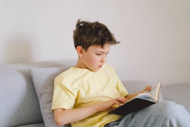 Kanepede kitap okuyan sevimli çocuk. Ev Okulu ve Eğitim Konsepti