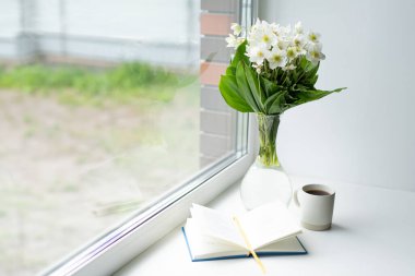 Pencere kenarında güzel bir yaz, sakin bir hayat. Bir buket beyaz çiçek Helleborus ve sıcak bir evin pencere eşiğinde bir kitap..