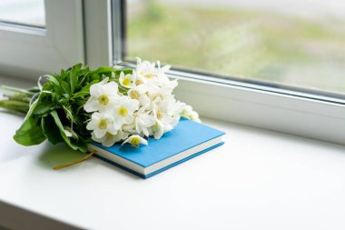 Pencere kenarında güzel bir yaz, sakin bir hayat. Bir buket beyaz çiçek Helleborus ve sıcak bir evin pencere eşiğinde bir kitap..