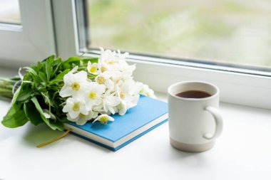 Pencere kenarında güzel bir yaz, sakin bir hayat. Bir buket beyaz çiçek Helleborus ve sıcak bir evin pencere eşiğinde bir kitap..