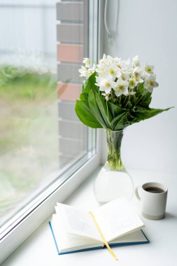 Pencere kenarında güzel bir yaz, sakin bir hayat. Bir buket beyaz çiçek Helleborus ve sıcak bir evin pencere eşiğinde bir kitap..