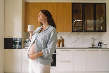 Sıcak bir mutfakta hamile bir kadın hamile karnını nazikçe tutuyor. Huzurlu bir ortamda yaklaşan anneliği yansıtıyor.