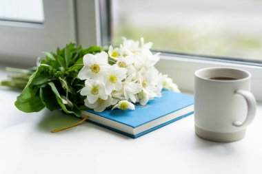 Pencere kenarında güzel bir yaz, sakin bir hayat. Bir buket beyaz çiçek Helleborus ve sıcak bir evin pencere eşiğinde bir kitap..