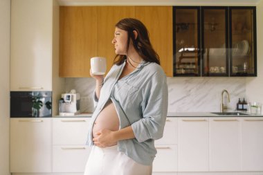 Sıcak bir mutfakta hamile bir kadın hamile karnını nazikçe tutuyor. Huzurlu bir ortamda yaklaşan anneliği yansıtıyor.