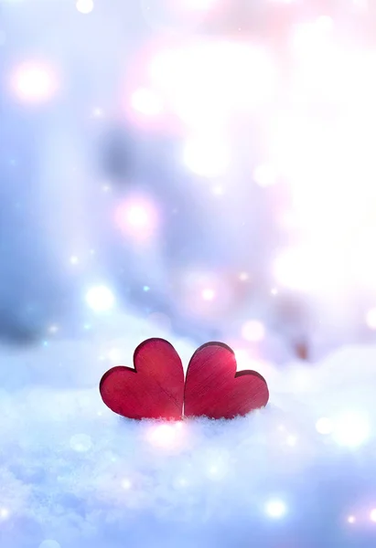 Червоні Серця Гілці Сніжного Дерева Взимку Відпустка Щасливого Святкування Дня — стокове фото