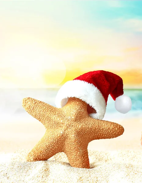 Starfish Chapéu Papai Noel Uma Praia Verão Feliz Natal Conceito — Fotografia de Stock