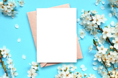 Mavi arka plan ve zarf üzerinde çiçek açan dallar ve yapraklar. Bahar konsepti.