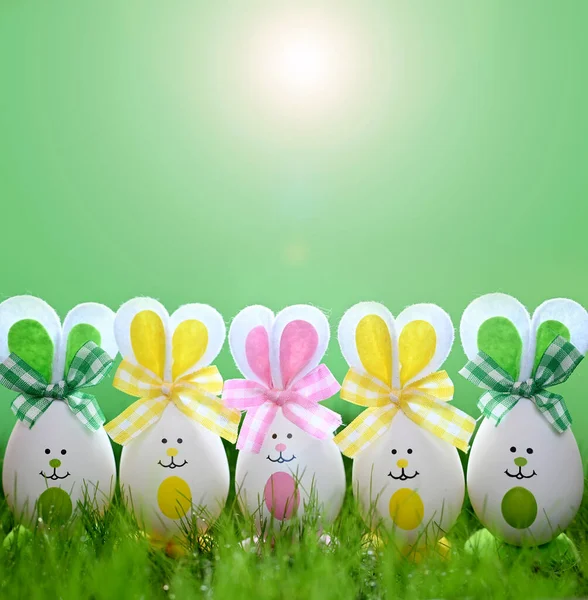 Funny easter eggs in the grass on green background. Happy Easter background. Easter compositions with cute rabbits eggs.