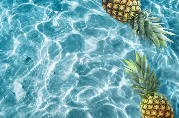 Yellow Pineapple Blue Water Background Exotic Concept — Stock Fotó