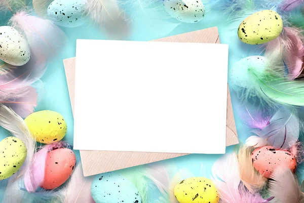 Easter Background Feathers Eggs Blue Background Flat Lay Happy Easter — Stock Photo, Image