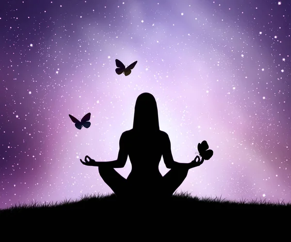 Silhouette Young Woman Practices Yoga Meditates Top Mountain Night Sky — Stock Photo, Image