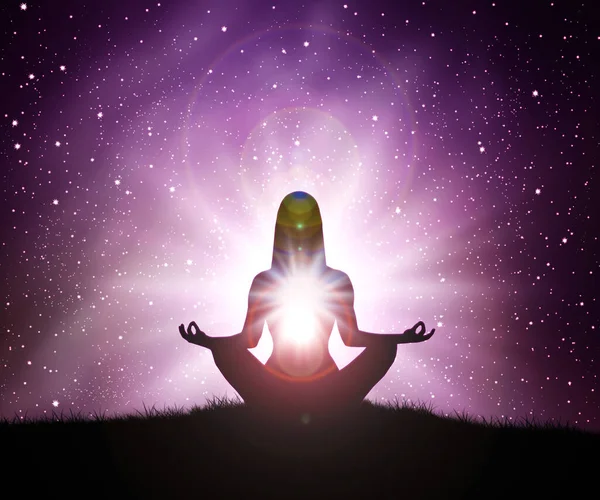 Silhouette Young Woman Practices Yoga Meditates Top Mountain Night Sky — Stock Photo, Image